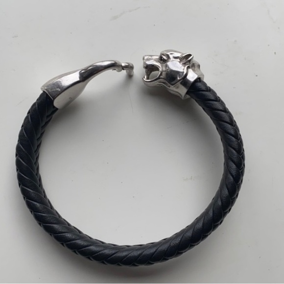 EFFY MEN’S BRACELET WOVEN LEATHER PANTHER BRACELET 925 SILVER TAKE A LOOK - Picture 4 of 9